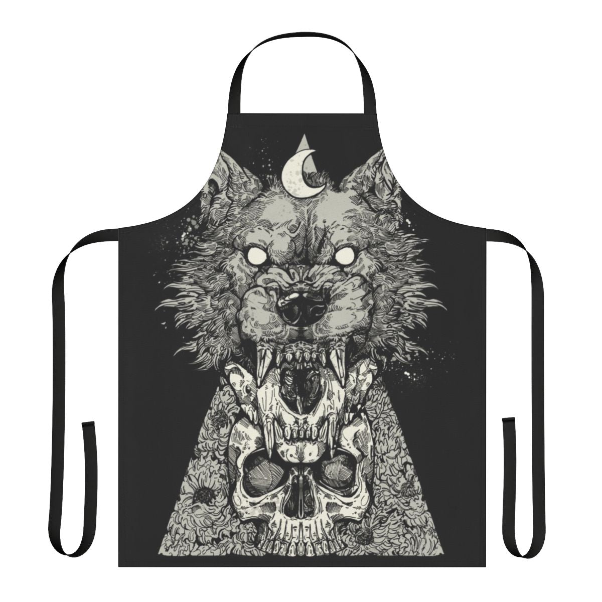 Black apron with bold wolf and skull graphic design