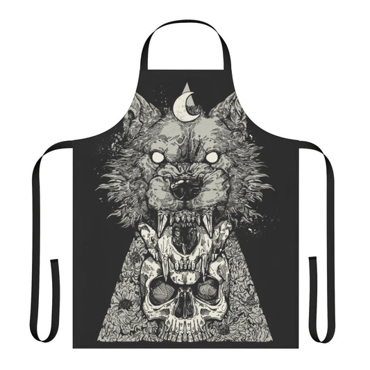Black apron with bold wolf and skull graphic design