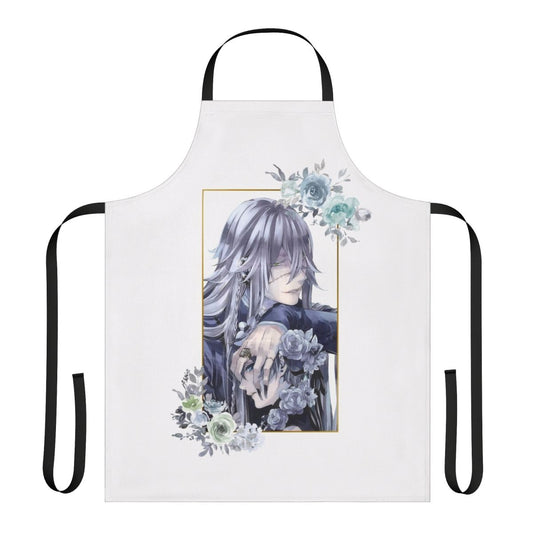 Black and white silhouette design of the Undertaker, a character from the anime Black Butler, printed on a black apron.