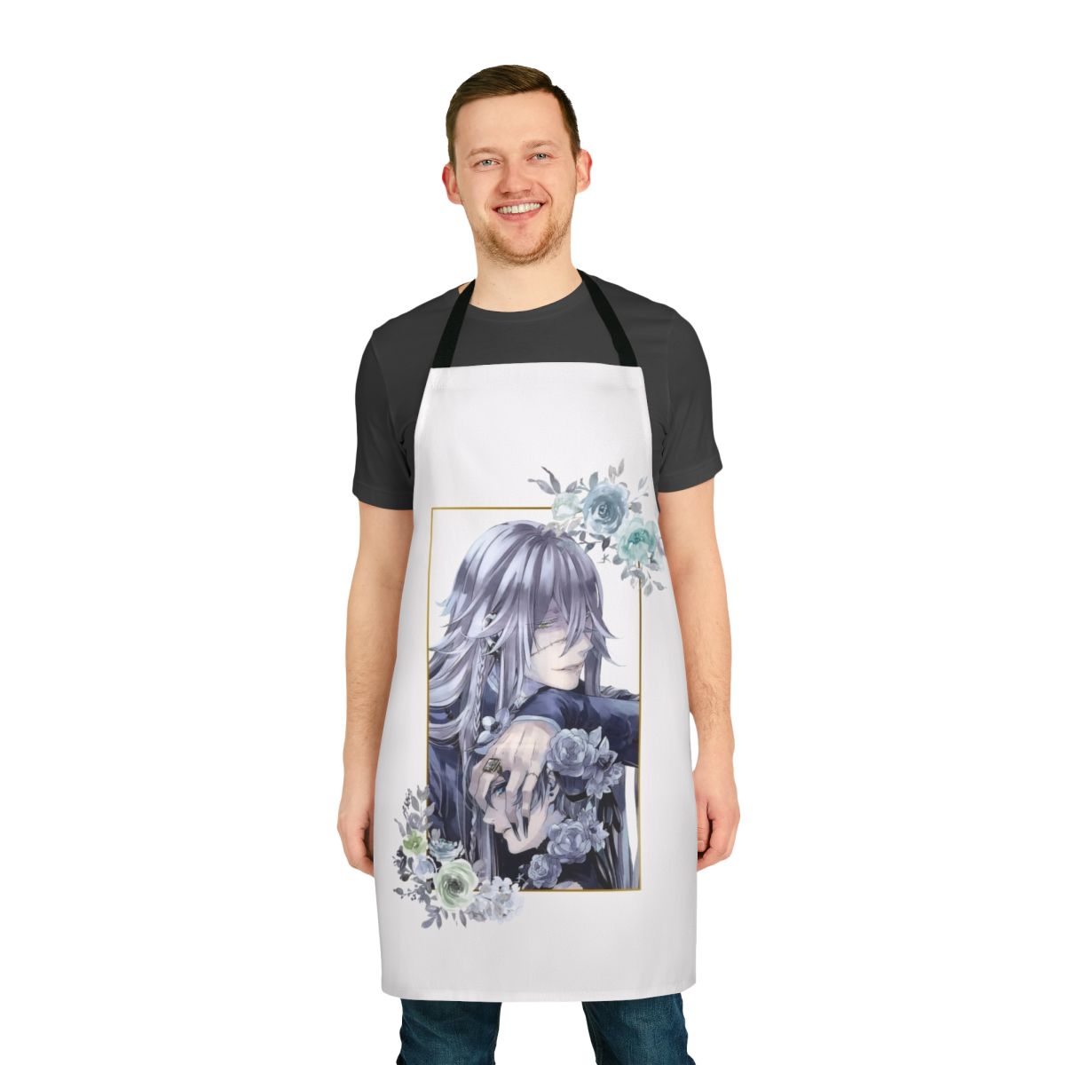 Black and white silhouette design of the Undertaker, a character from the anime Black Butler, printed on a black apron.