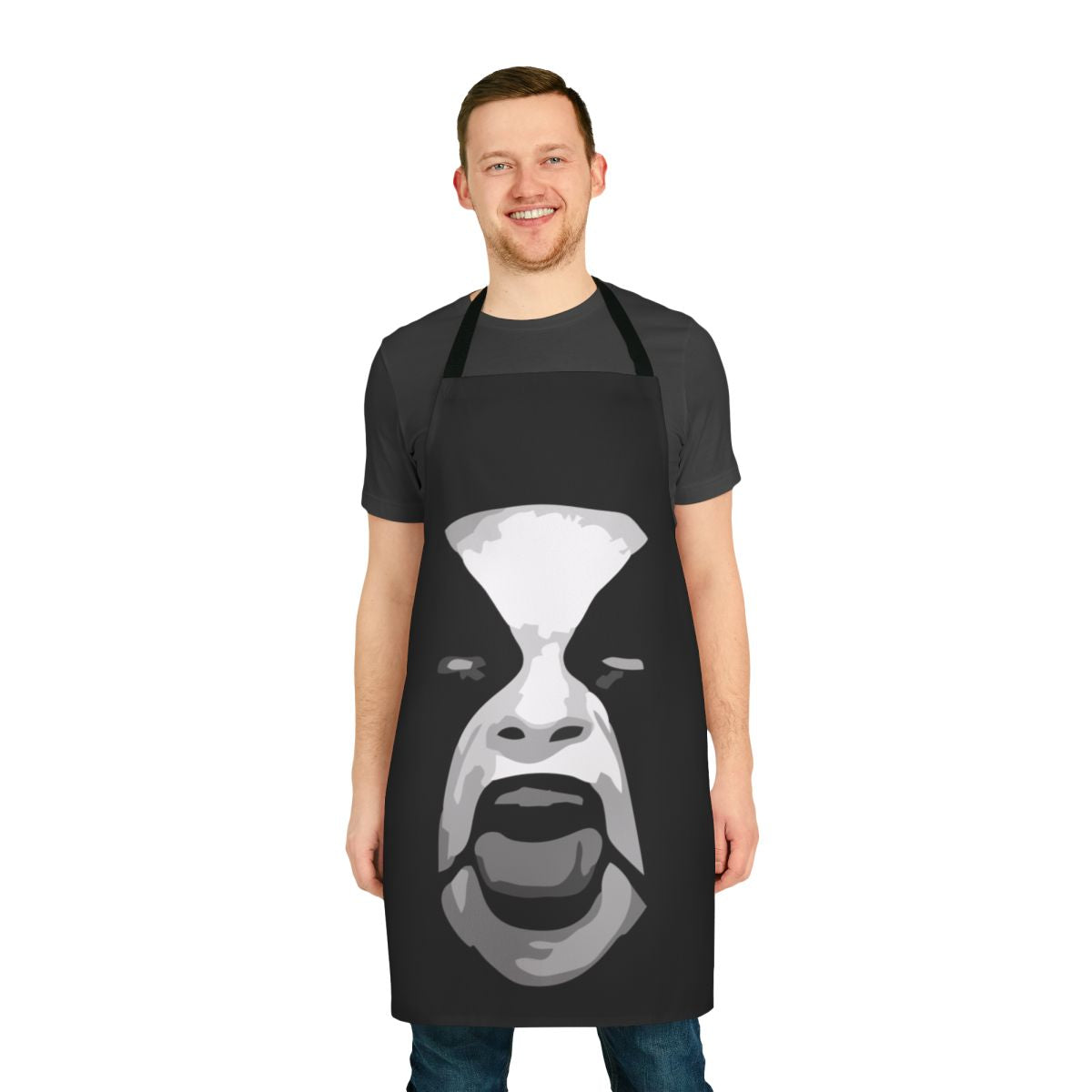 Black metal inspired apron with Abbath-style corpse paint design