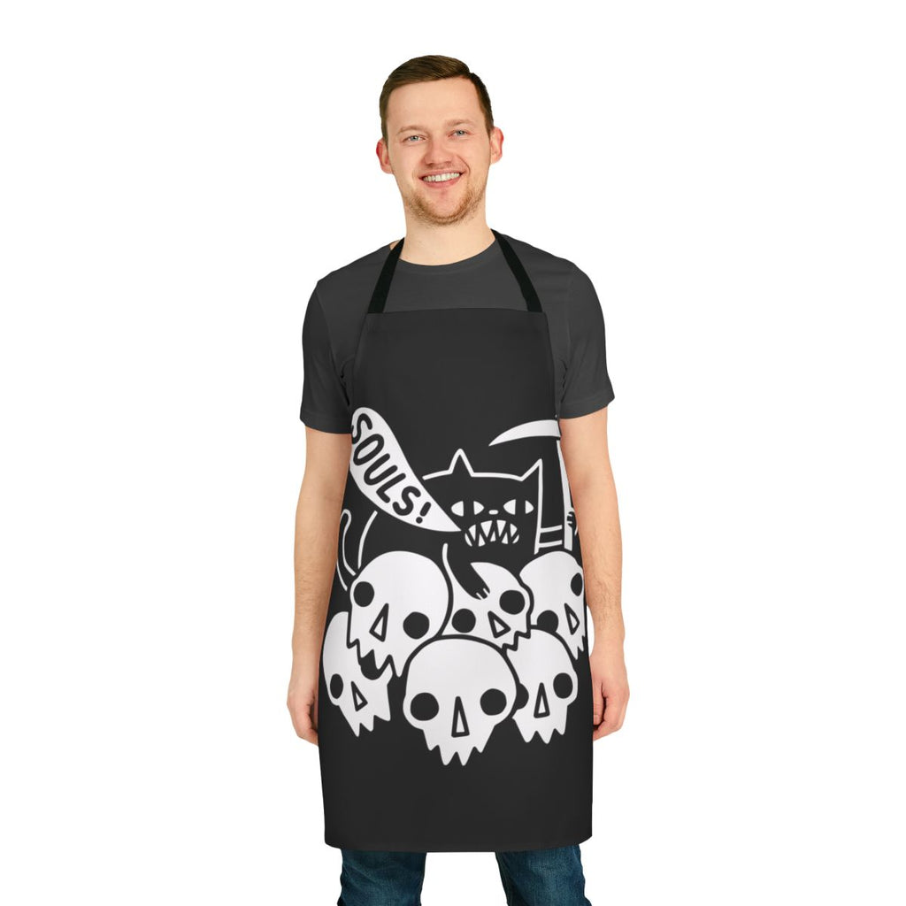 Gothic cat apron featuring a skull and skeleton design with a grim reaper silhouette