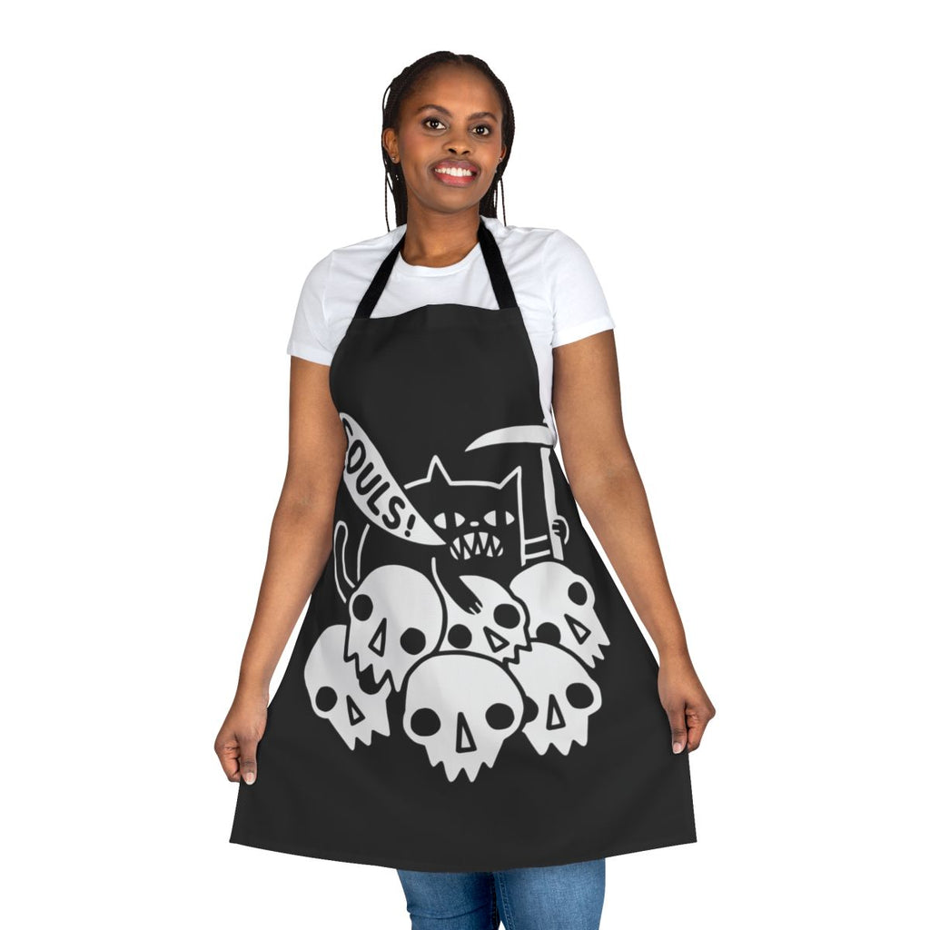 Gothic cat apron featuring a skull and skeleton design with a grim reaper silhouette
