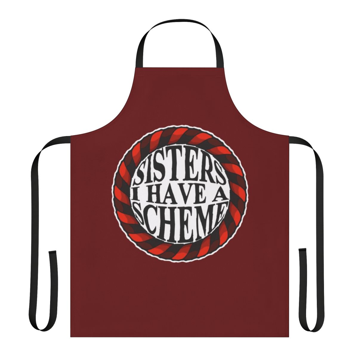 A dark and gothic-inspired apron featuring the Council of Sisters from the Castlevania Netflix series.