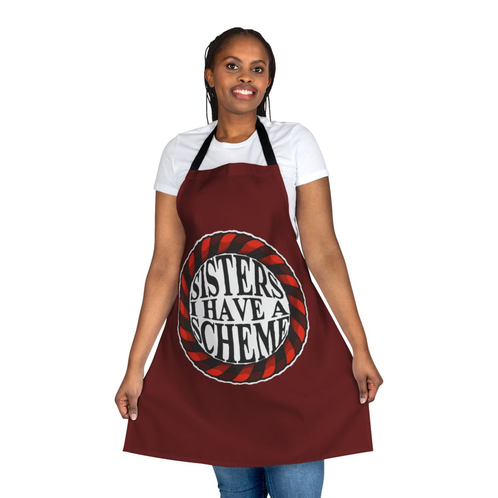 A dark and gothic-inspired apron featuring the Council of Sisters from the Castlevania Netflix series.
