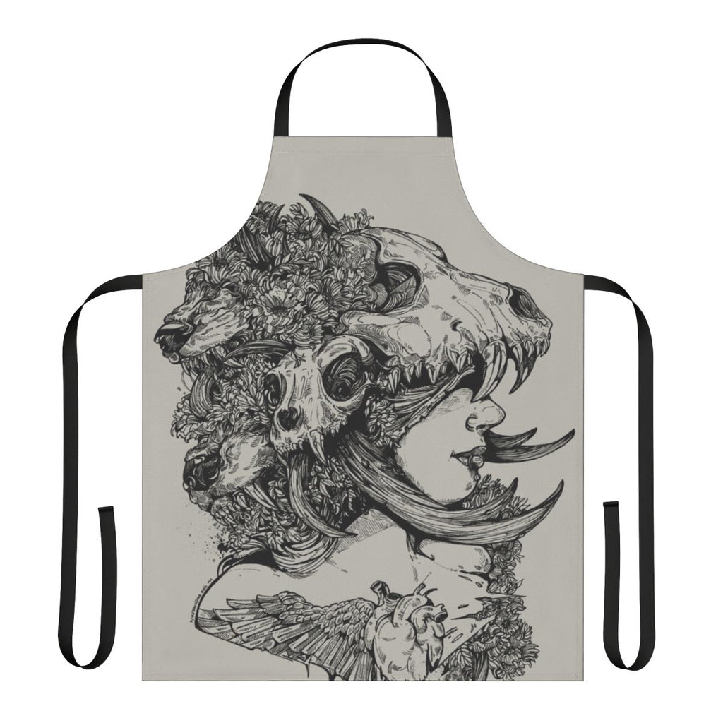 A stylish gothic-inspired apron with a skull, wolf, and antler design