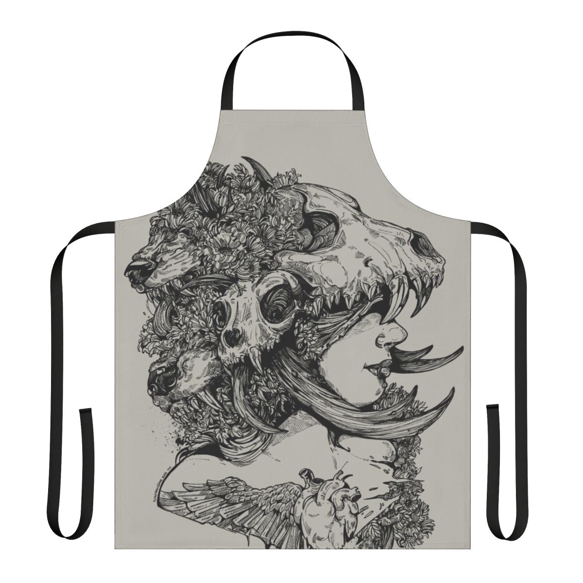 A stylish gothic-inspired apron with a skull, wolf, and antler design