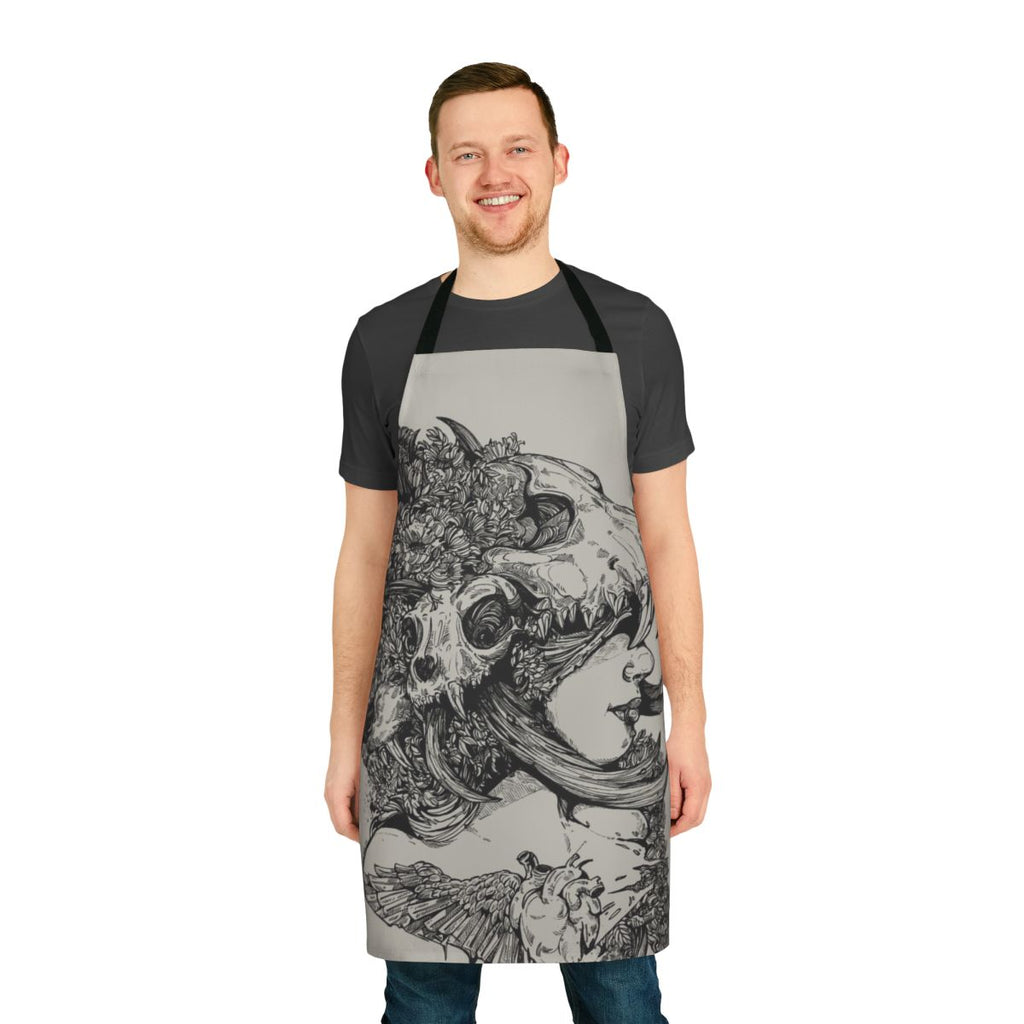 A stylish gothic-inspired apron with a skull, wolf, and antler design