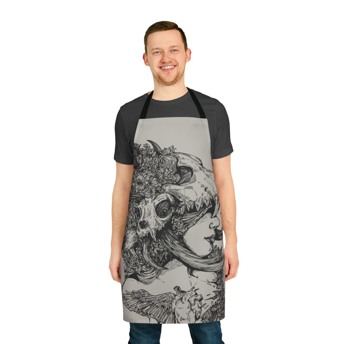 A stylish gothic-inspired apron with a skull, wolf, and antler design