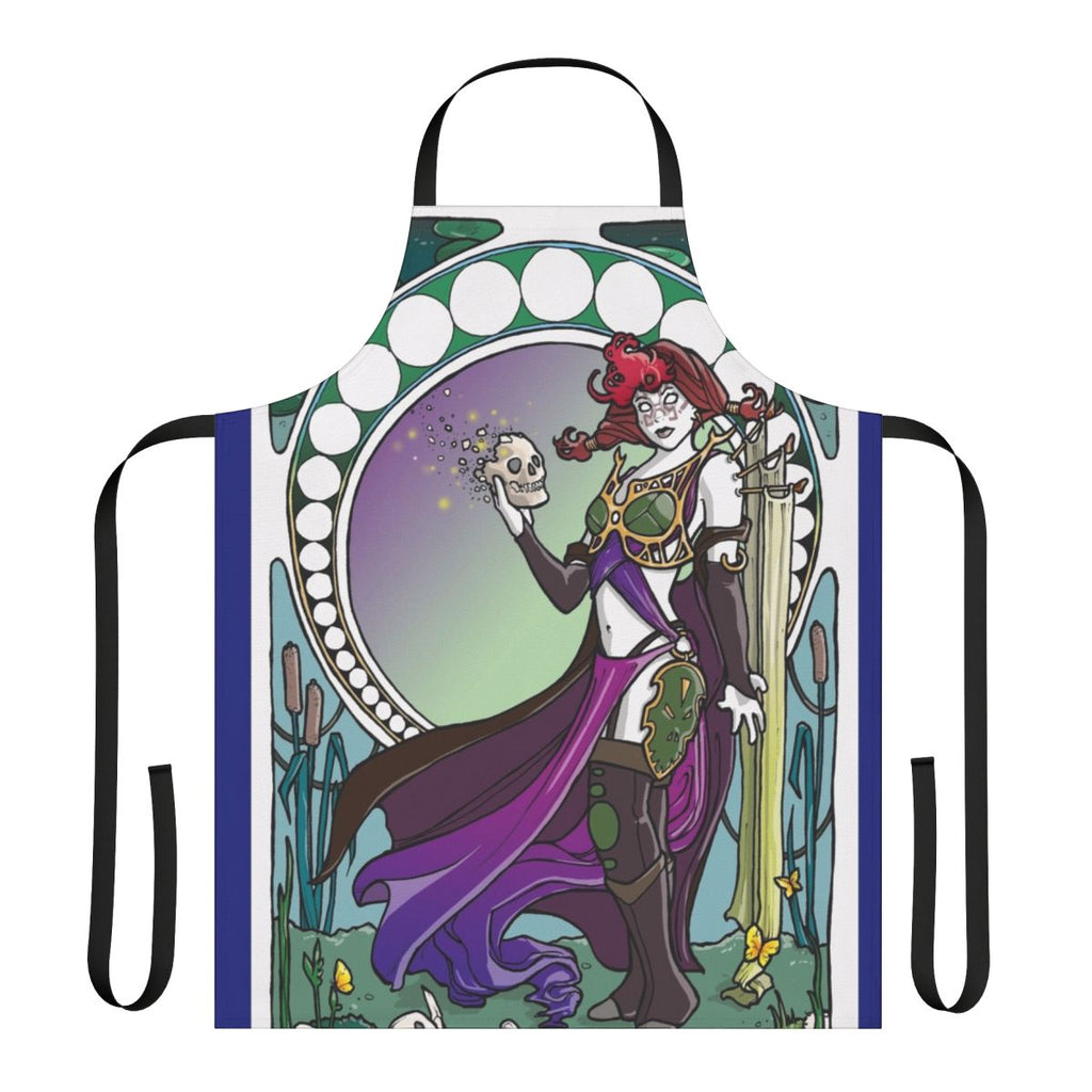 A stylized apron featuring the character Phage the Untouchable from the fantasy card game Magic: The Gathering, in an art nouveau style.