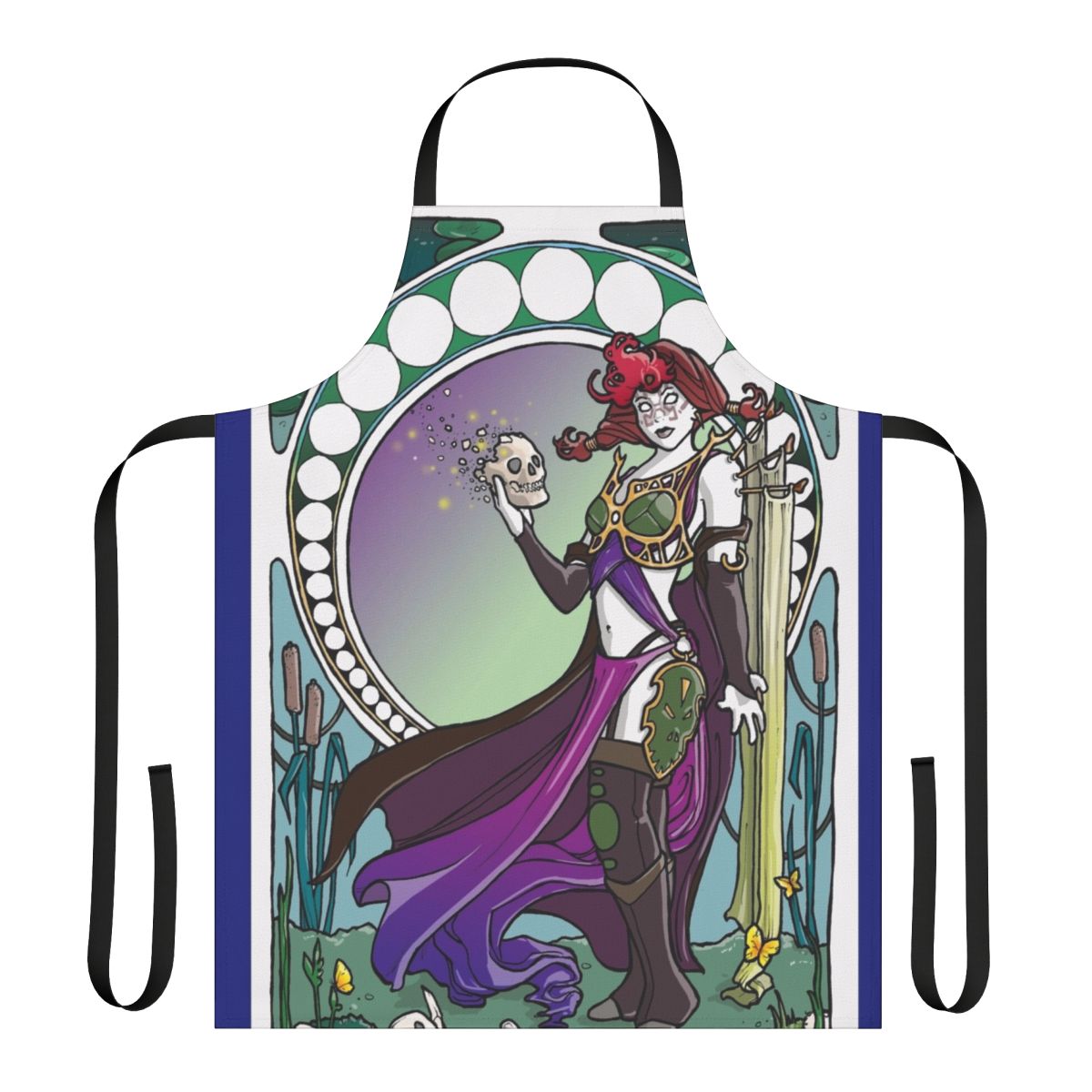 A stylized apron featuring the character Phage the Untouchable from the fantasy card game Magic: The Gathering, in an art nouveau style.