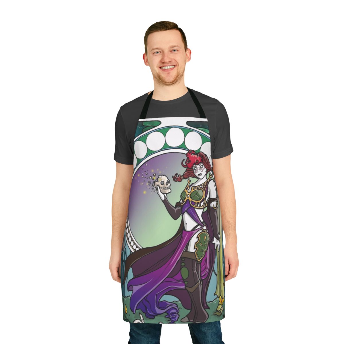 A stylized apron featuring the character Phage the Untouchable from the fantasy card game Magic: The Gathering, in an art nouveau style.