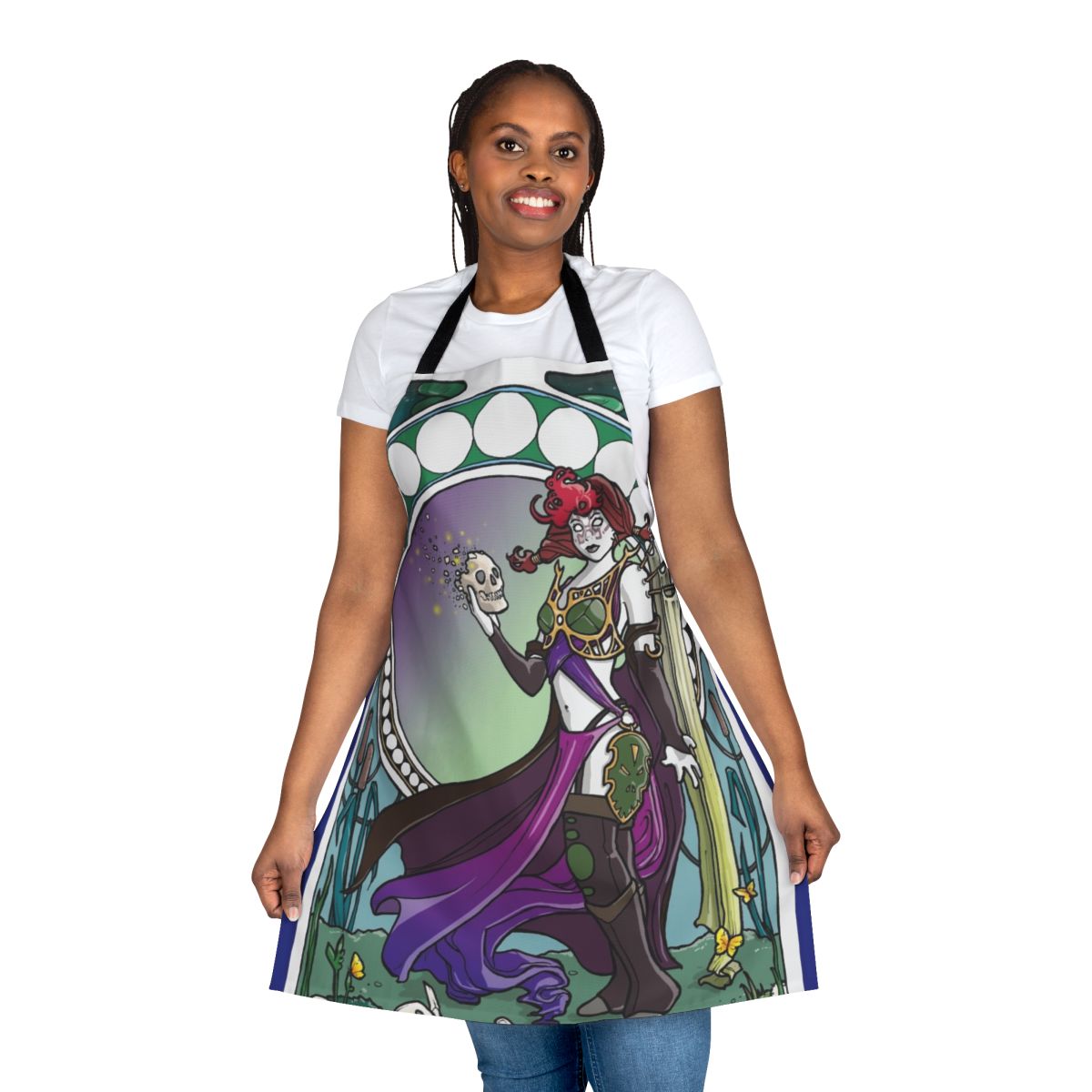 A stylized apron featuring the character Phage the Untouchable from the fantasy card game Magic: The Gathering, in an art nouveau style.