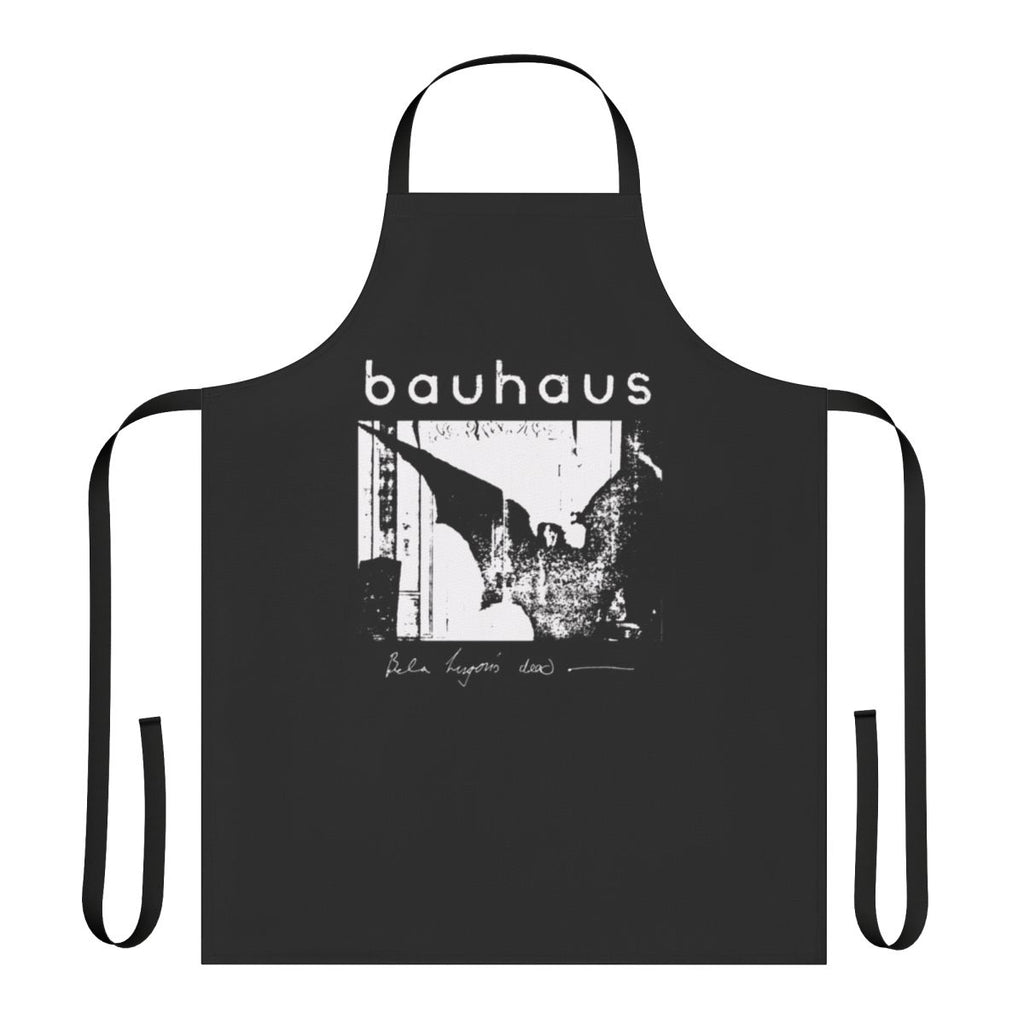 Gothic goth Bauhaus inspired apron design with bat wings and "Bela Lugosi's Dead" text
