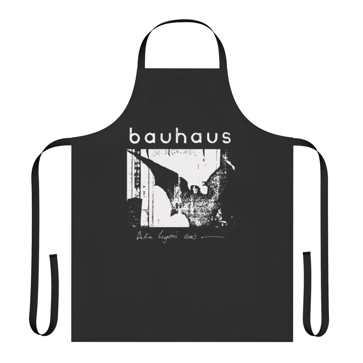 Gothic goth Bauhaus inspired apron design with bat wings and "Bela Lugosi's Dead" text