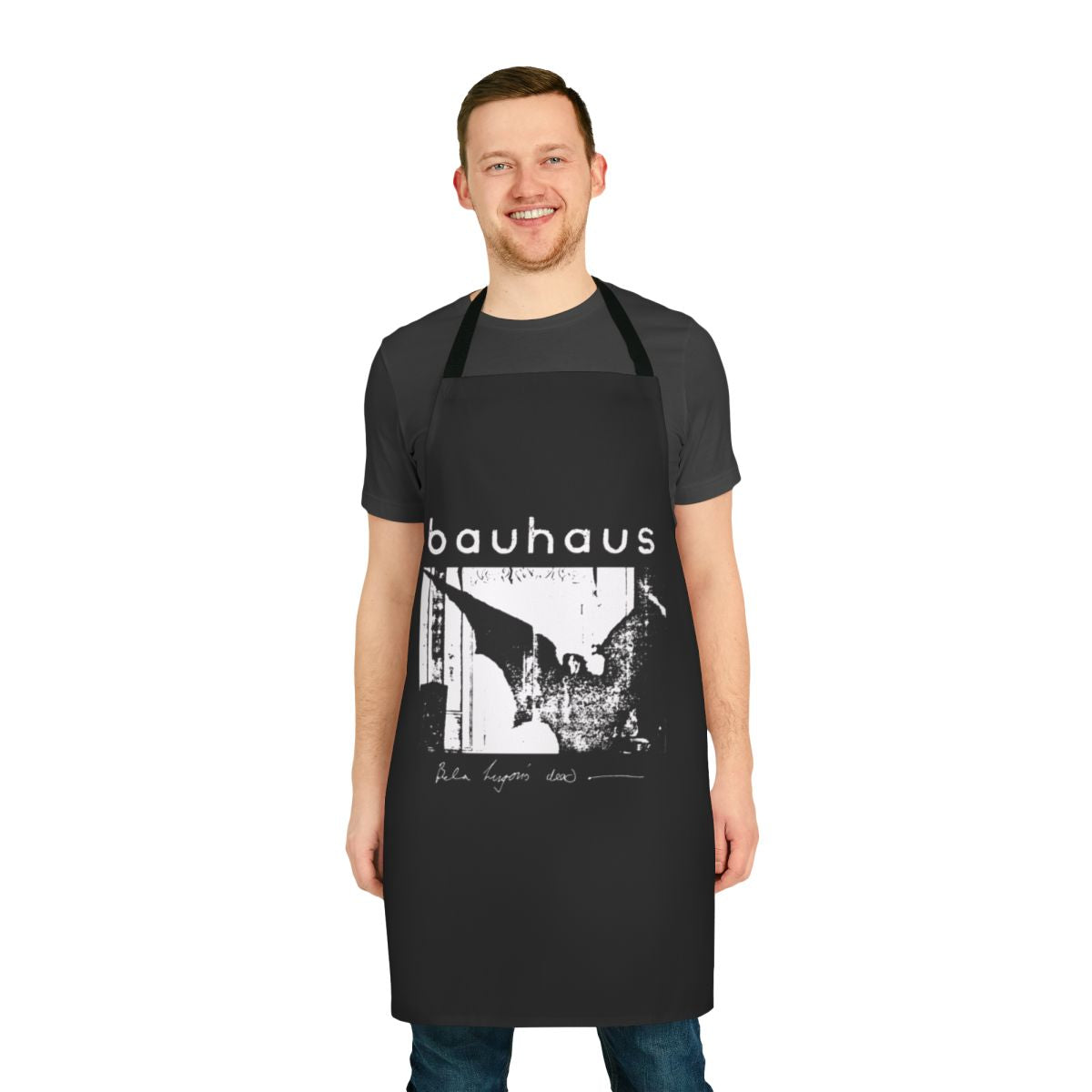 Gothic goth Bauhaus inspired apron design with bat wings and "Bela Lugosi's Dead" text