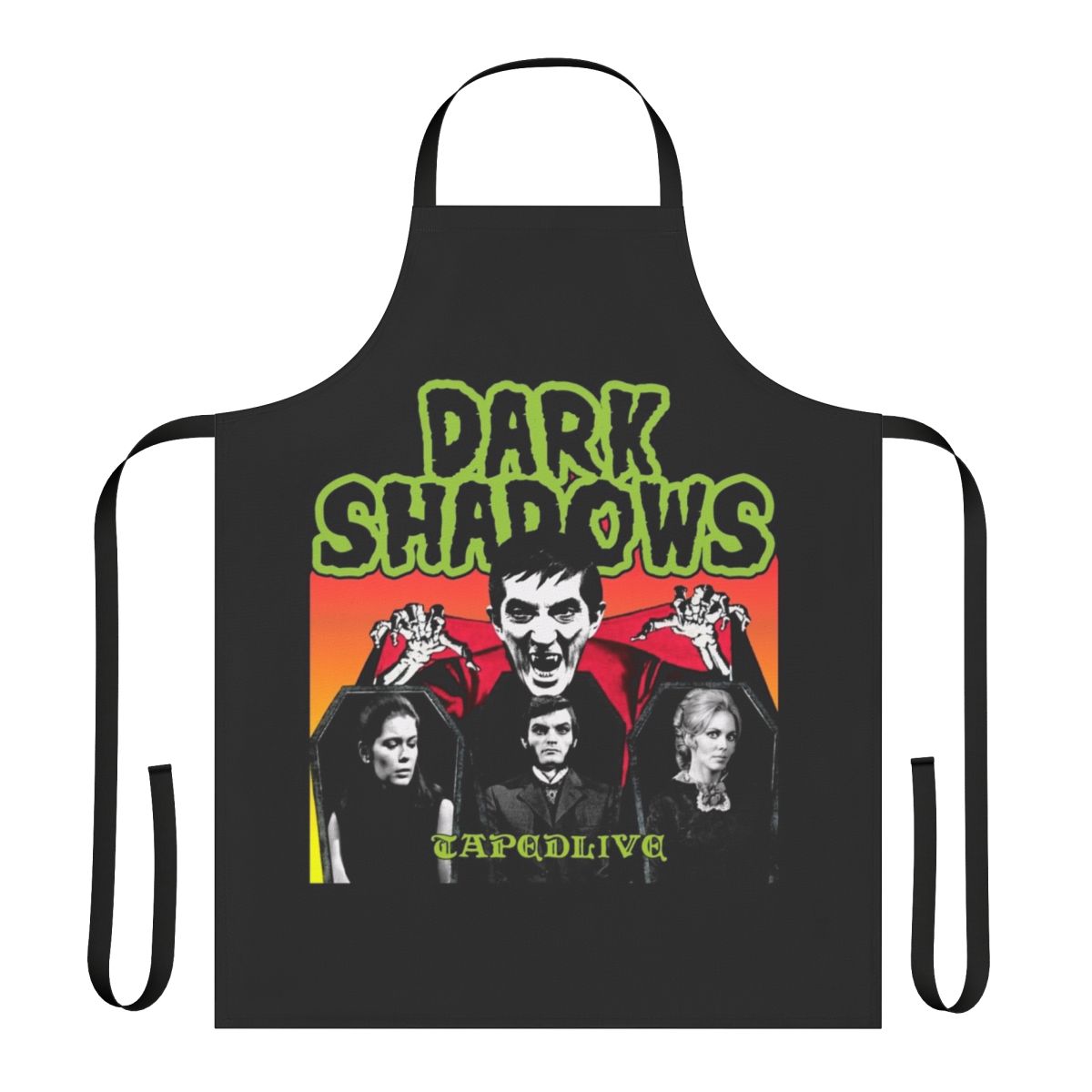 Gothic-style apron featuring dark elements like bats and skulls, perfect for fans of horror and punk bands