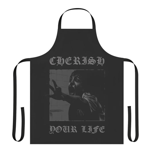 Black and white apron with gothic and horror movie design