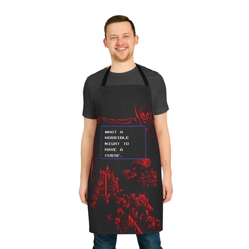 Spooky retro-style apron with Castlevania-inspired pixel art design