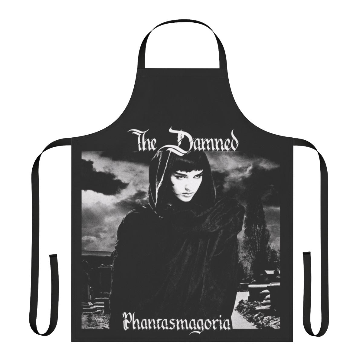 Goth fashion apron featuring the logo and imagery of the iconic punk band The Damned