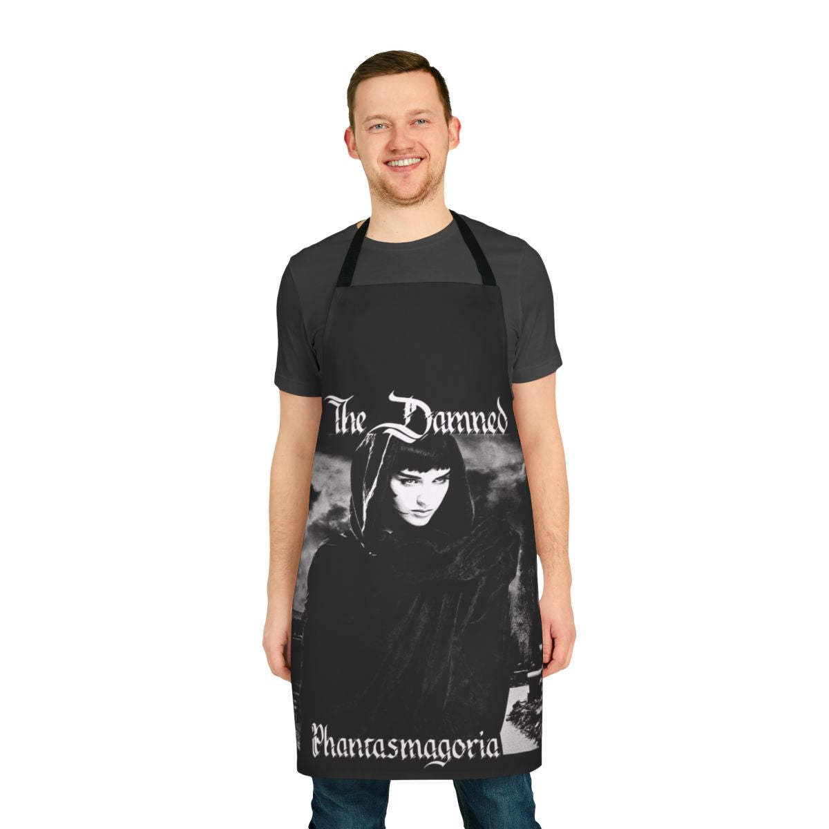 Goth fashion apron featuring the logo and imagery of the iconic punk band The Damned