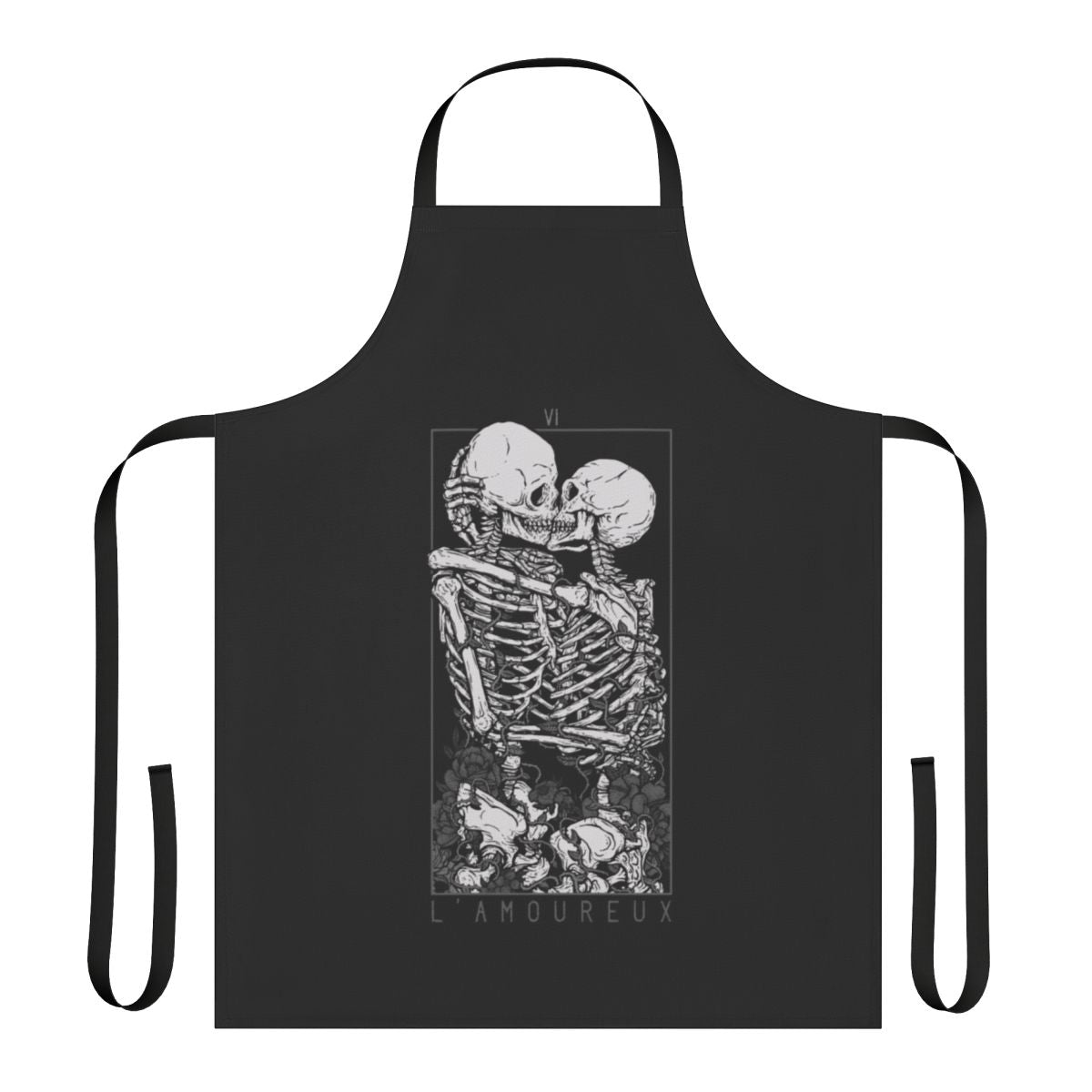 A dark and romantic apron featuring gothic imagery of skulls, flowers, and a couple in embrace.