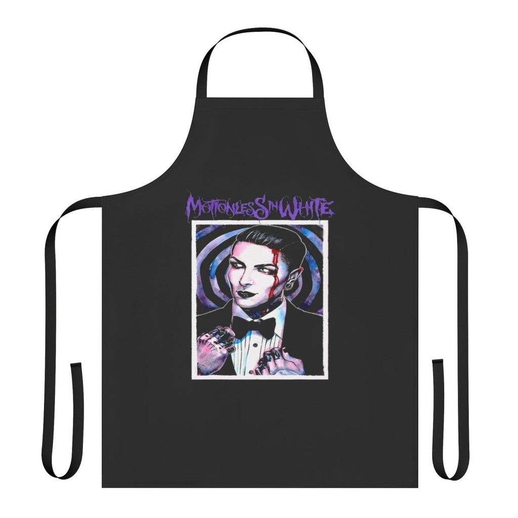 Gothic metal inspired kitchen apron featuring Motionless in White band imagery