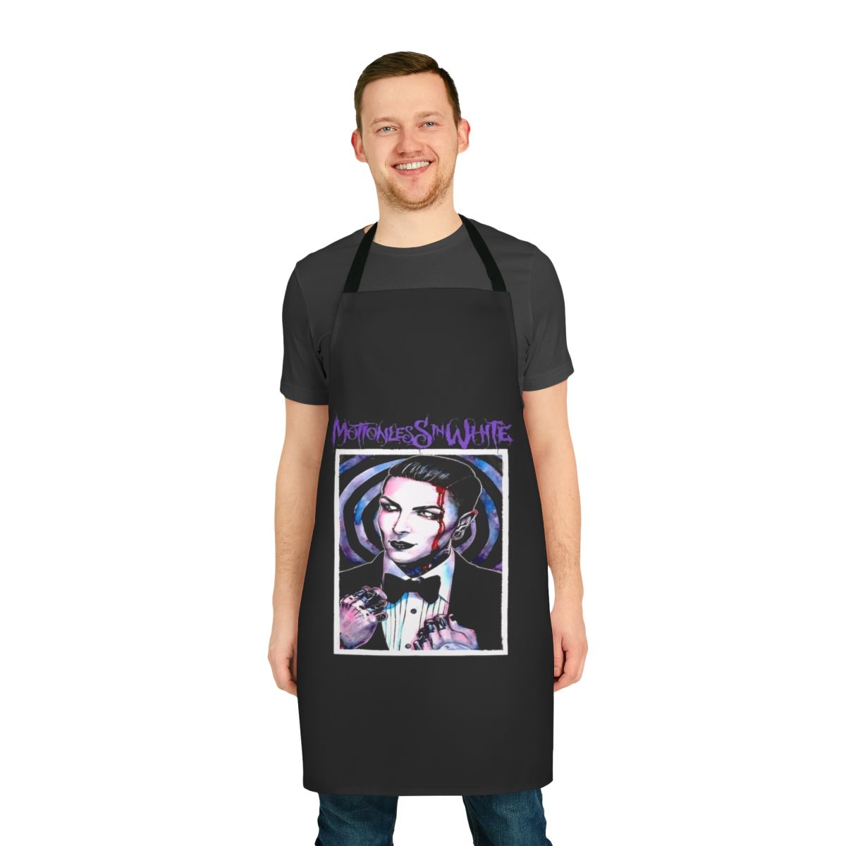 Gothic metal inspired kitchen apron featuring Motionless in White band imagery