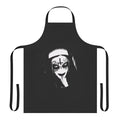 Model wearing a black gothic apron with satanic imagery and corpse paint