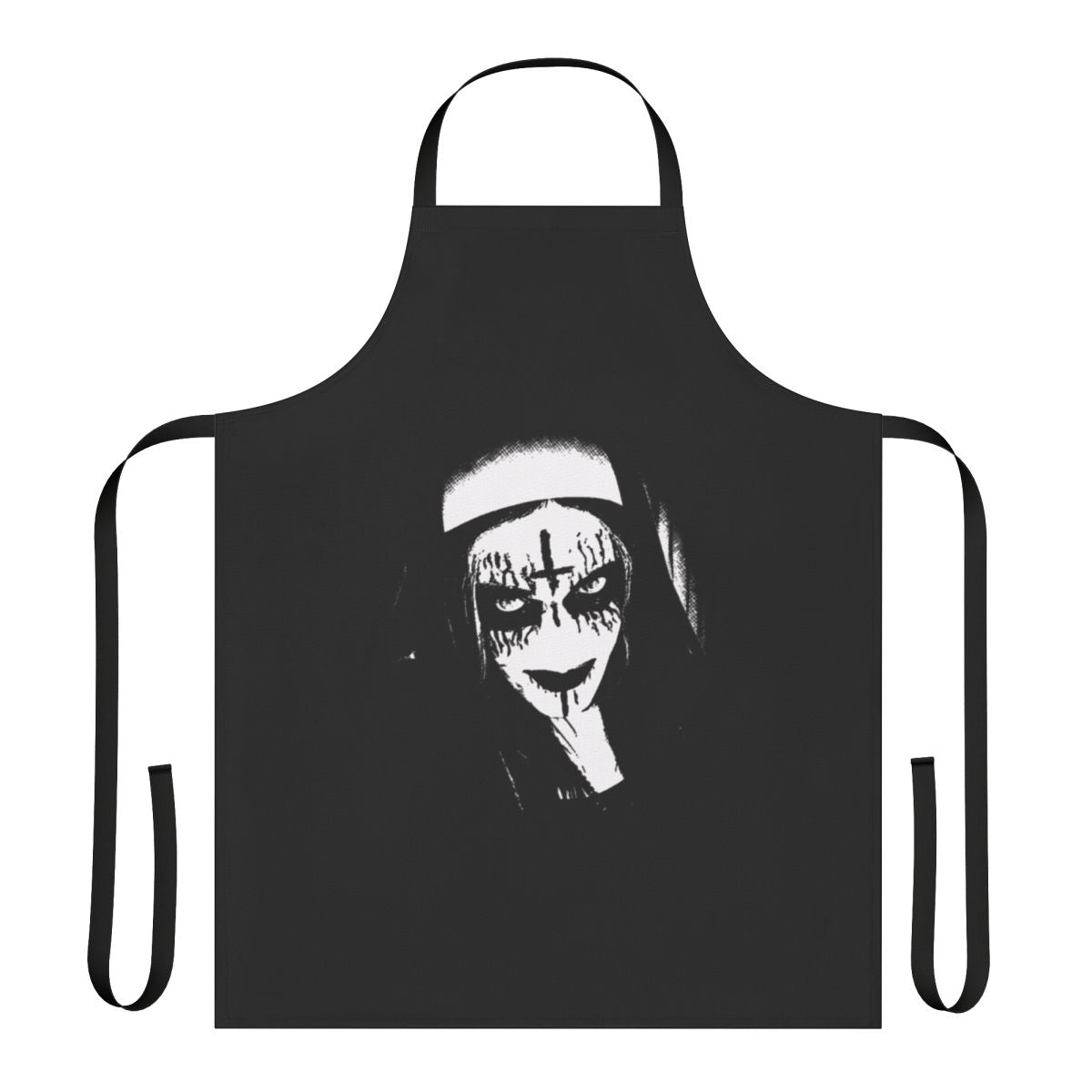 Model wearing a black gothic apron with satanic imagery and corpse paint