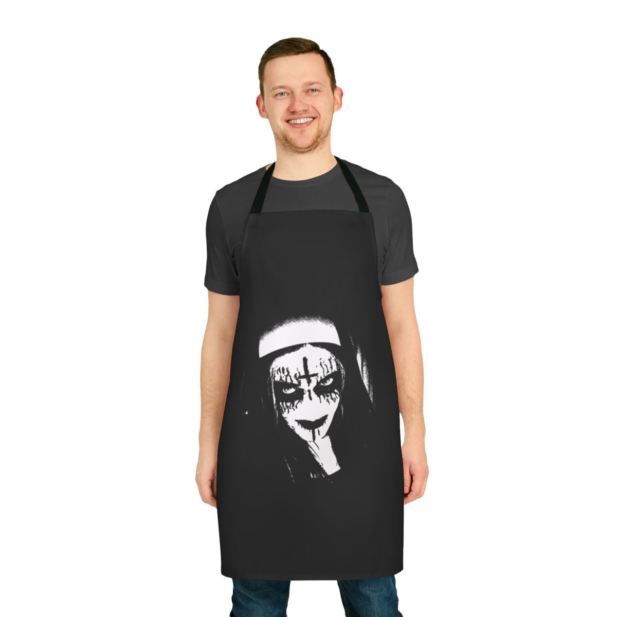 Model wearing a black gothic apron with satanic imagery and corpse paint
