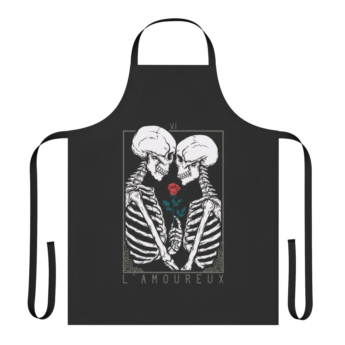 A dark and gothic-inspired apron featuring a skeleton and floral design, perfect for tarot enthusiasts.