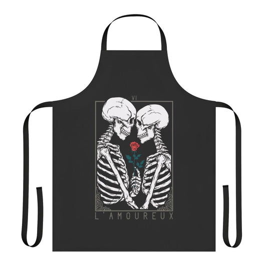 A dark and gothic-inspired apron featuring a skeleton and floral design, perfect for tarot enthusiasts.