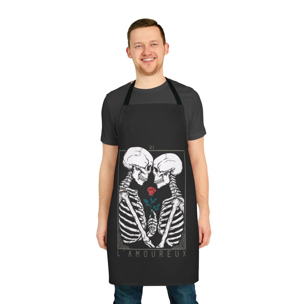 A dark and gothic-inspired apron featuring a skeleton and floral design, perfect for tarot enthusiasts.