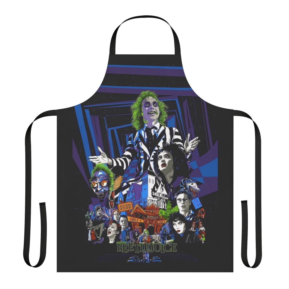 Black and white striped apron with gothic design, inspired by the classic 80s movie Beetlejuice