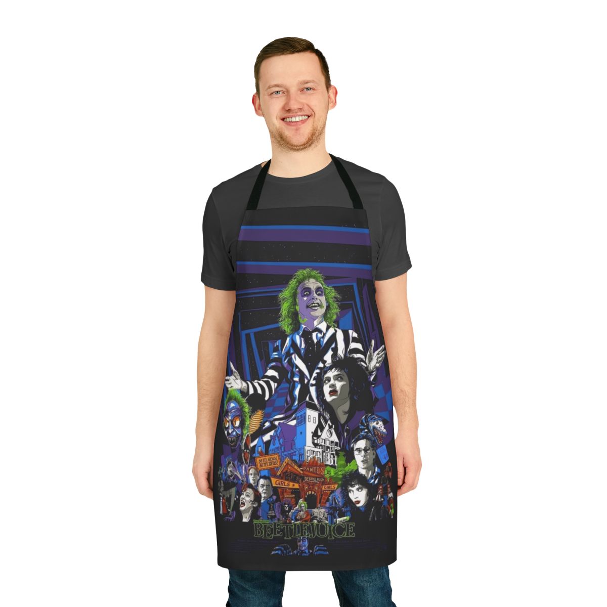 Black and white striped apron with gothic design, inspired by the classic 80s movie Beetlejuice