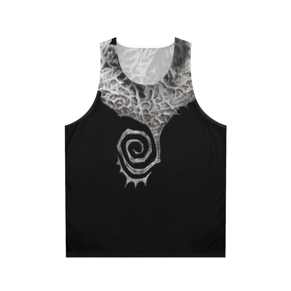 Gothic superhero unisex tank top with spiral design