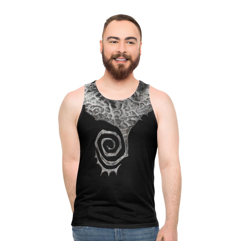 Gothic superhero unisex tank top with spiral design