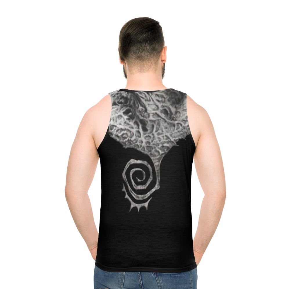 Gothic superhero unisex tank top with spiral design