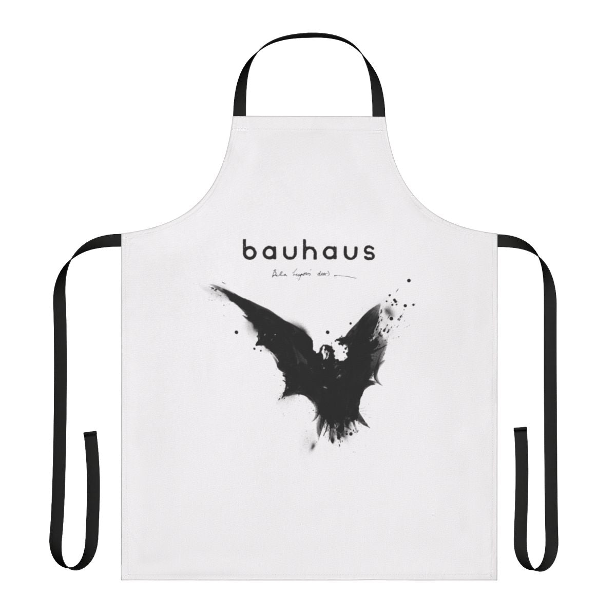 Gothic horror-inspired apron with Bauhaus and Bela Lugosi references