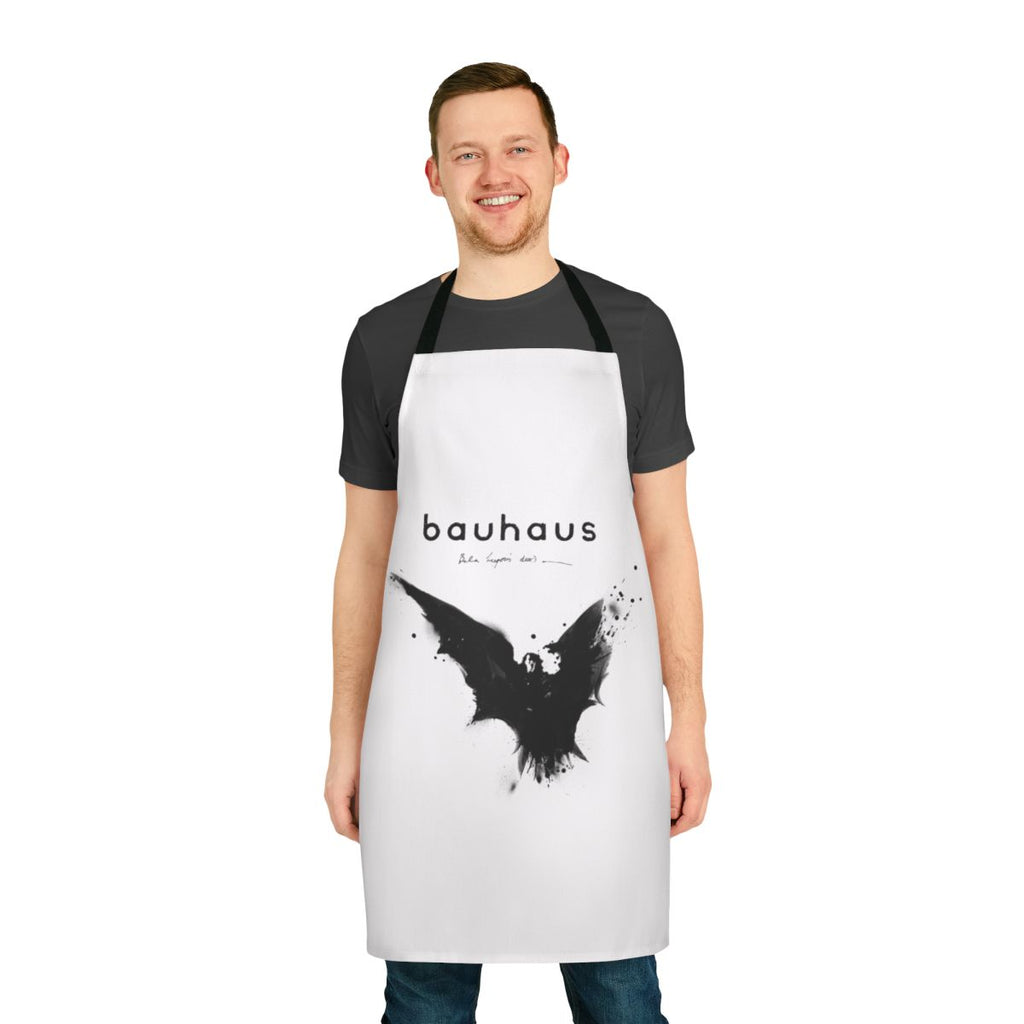 Gothic horror-inspired apron with Bauhaus and Bela Lugosi references