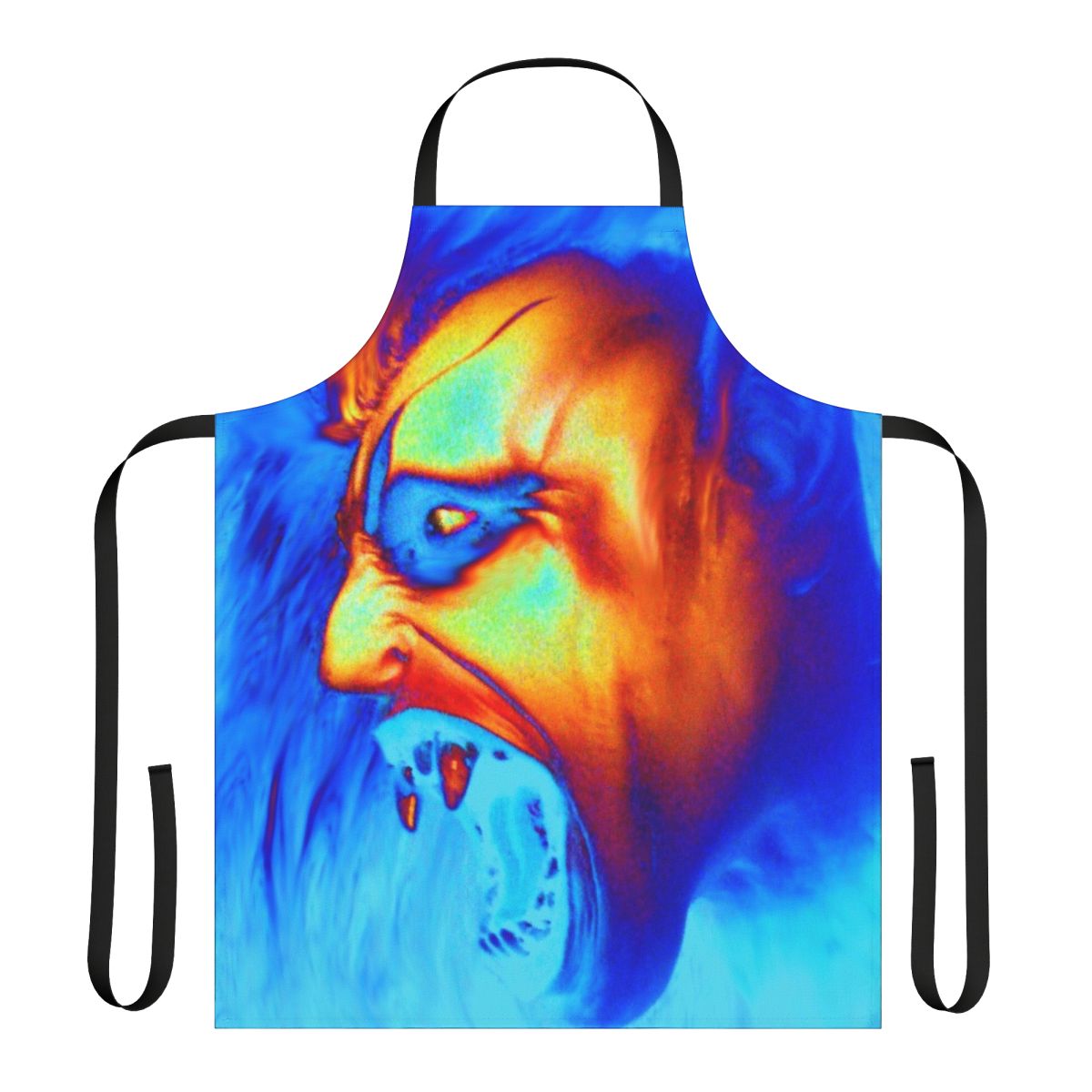 A dark and trendy apron with a gothic vampire-inspired design and a vibrant, abstract pattern