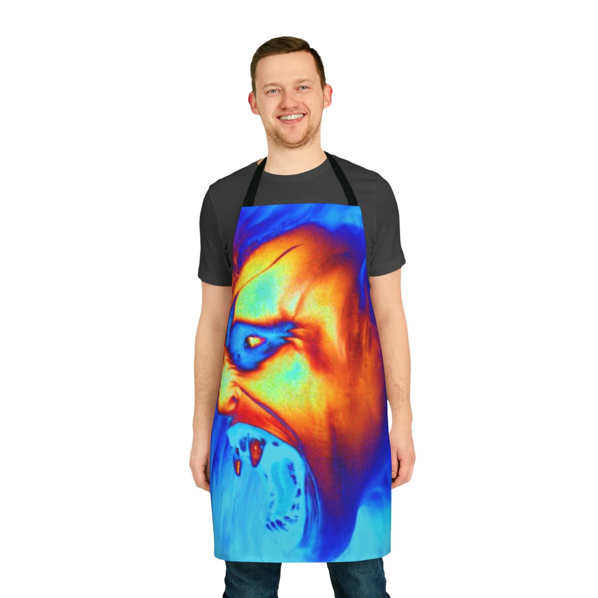 A dark and trendy apron with a gothic vampire-inspired design and a vibrant, abstract pattern
