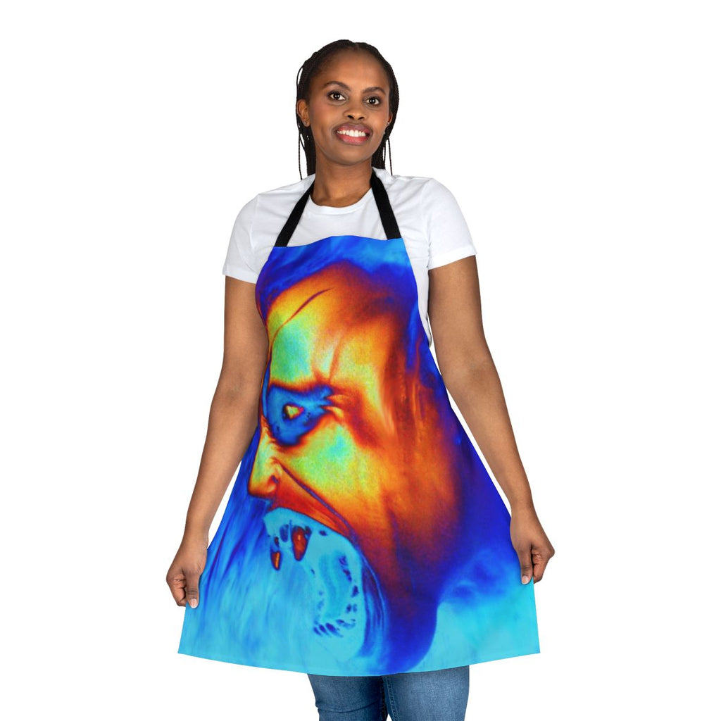 A dark and trendy apron with a gothic vampire-inspired design and a vibrant, abstract pattern