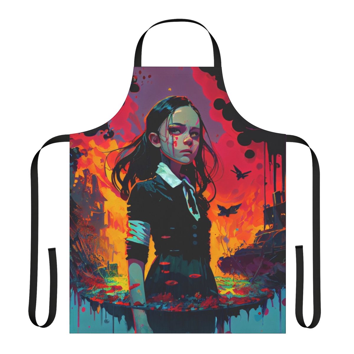 A dark, gothic-inspired kitchen apron featuring the iconic Wednesday Addams character
