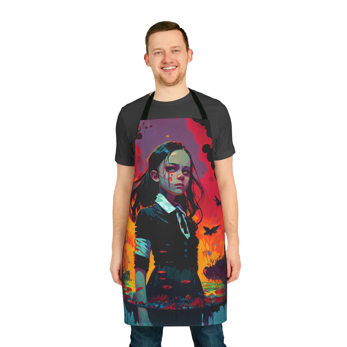 A dark, gothic-inspired kitchen apron featuring the iconic Wednesday Addams character