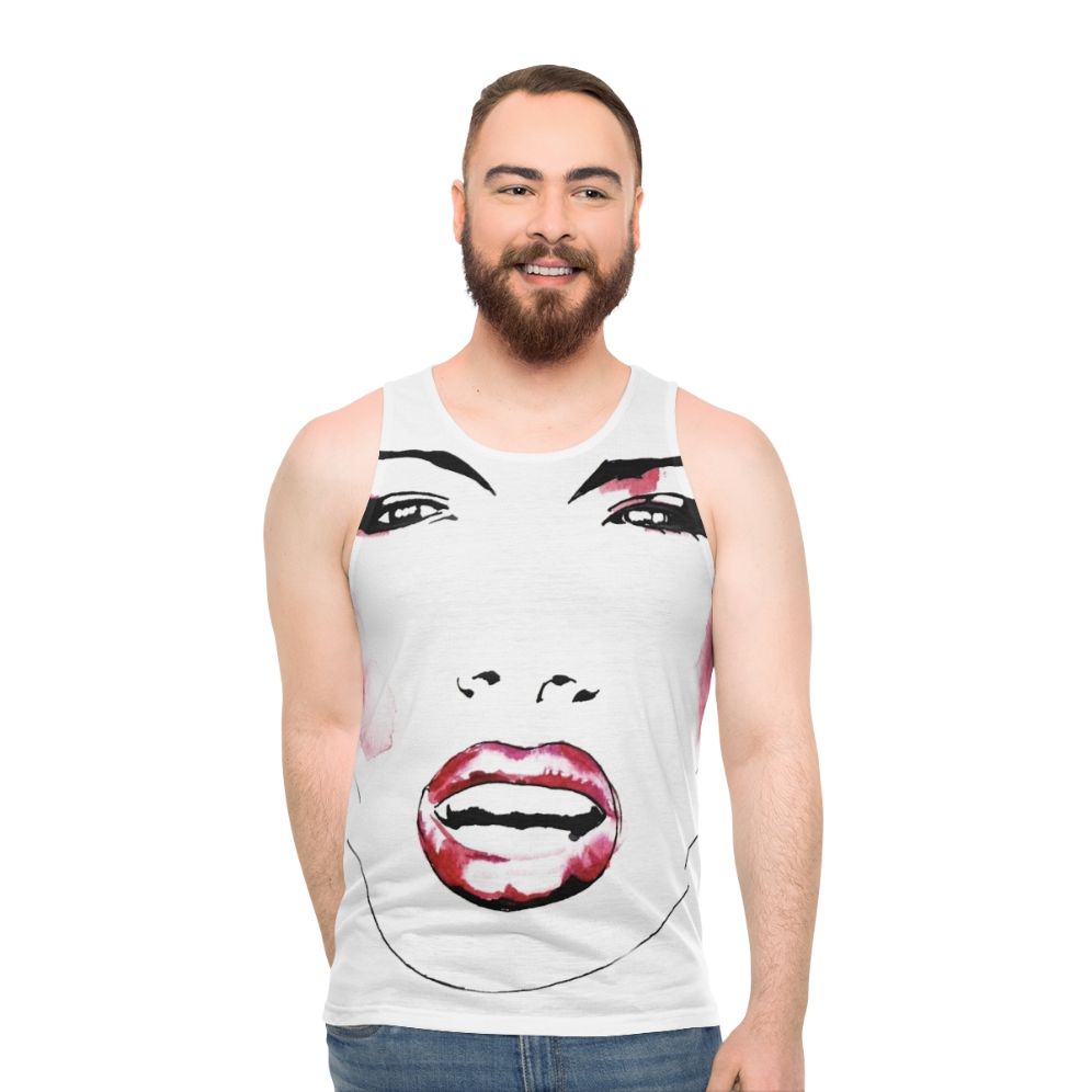 Grace Jones wearing a black and white portrait tank top