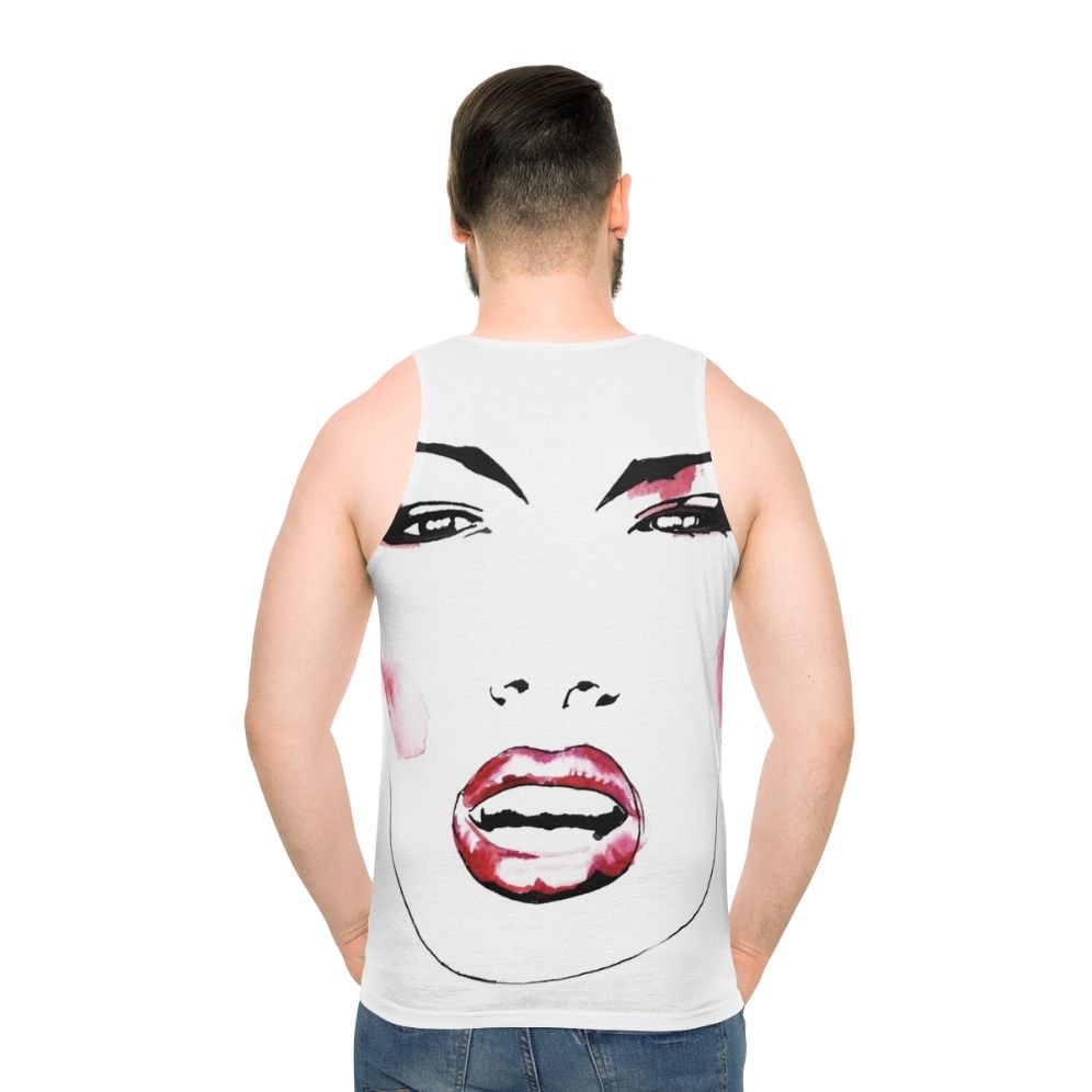 Grace Jones wearing a black and white portrait tank top
