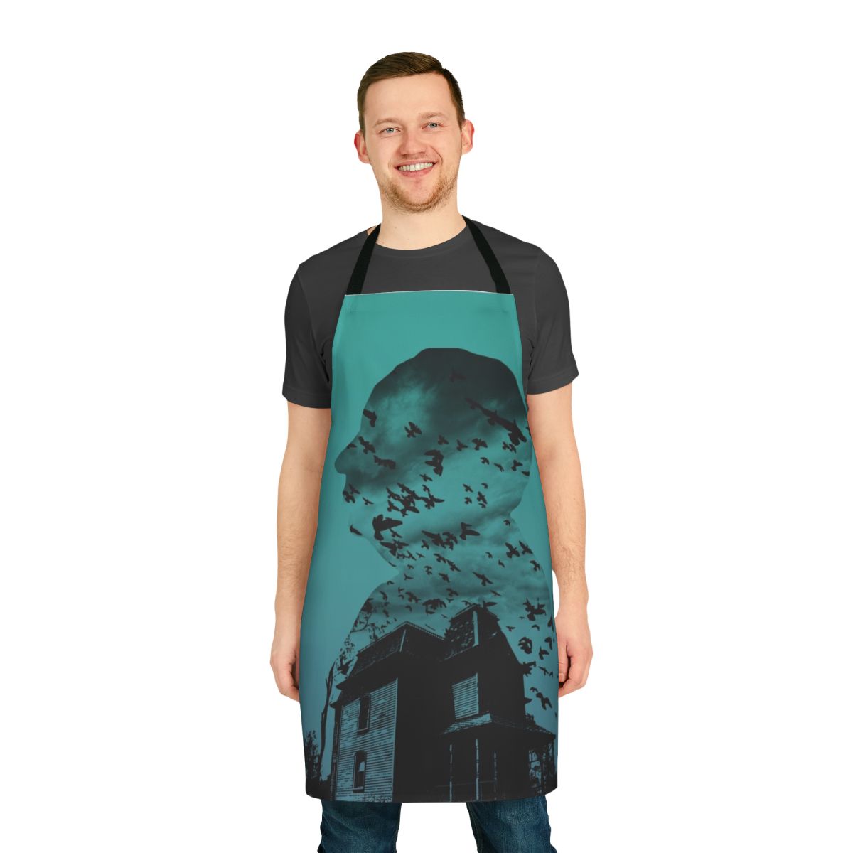 Gradient collage apron featuring elements from Alfred Hitchcock's classic film Psycho