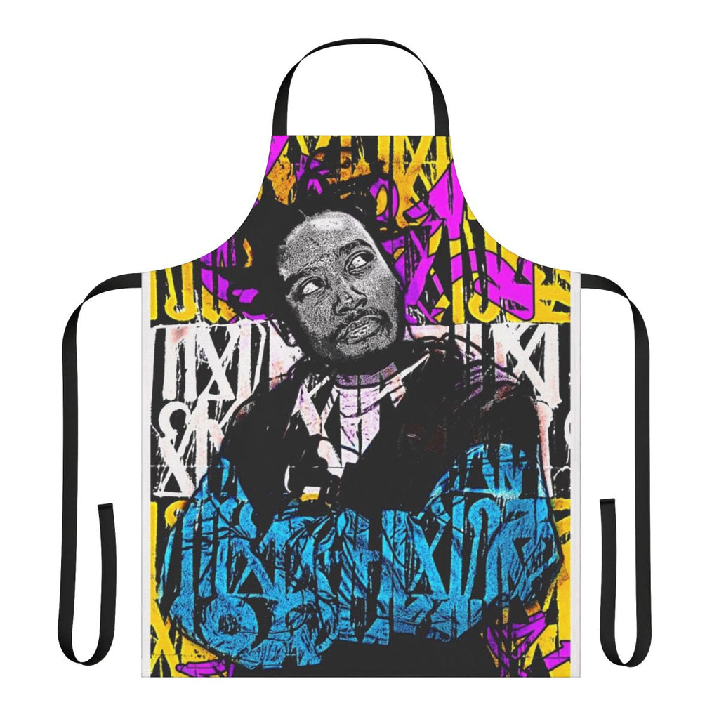 Graffiti-inspired 90s hip hop style apron in yellow and blue colors